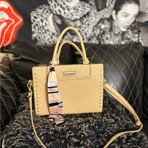 Stylish Tan Handbag with Scarf Accent